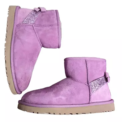 UGG Orchid Pink Purple Bow Glitter Shorties Sheepskin Boot Rare Preline Sample 7 • $79