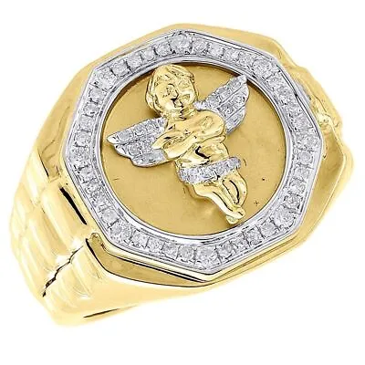 Diamond Angel Pinky Ring Men's 10K Yellow Gold Brushed Round Pave Set 0.34 Ct. • $925