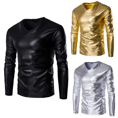 $17.69 • Buy Men's Liquid Shiny Metallic V-Neck Short Sleeve T-Shirt For Nightclub Top Blouse