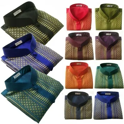Men's Mandarin Collar Shirts Casual Thai Silk Short Sleeve 12 Colors / Small-3XL • $24.95