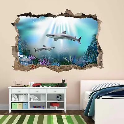 Underwater Sharks Sea Ocean Kids Room Wall Sticker Mural Wallpaper Poster BH17 • £15.99