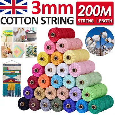 £6.79 • Buy 3mm 200m Natural Cotton Twisted Cord Craft Macrame Artisan Rope String Colorful