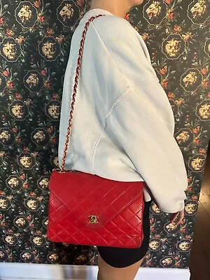 Vintage Chanel 1987 Classic Single Flap Quilted Lambskin Shoulder Bag - Red • $1099.24