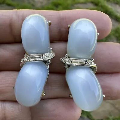 Vintage Signed Kramer Clip On Earrings Iced Blue Moonglow Rhinestone 1.5  READ • $18