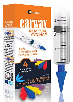 LugGuards Quad Stream Ear Wax Removal Syringe 20ml+4 Colour Coded Tips+Ear Wicks • £5.49