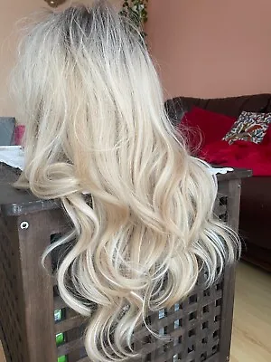 EMMOR Long Blond Mixed White Wave Wig With Bangs  Dark Roots Curly For Women • £15.99