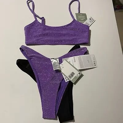 New H&M Divided Ladies Purple Glitter Black Bikini Swimwear Set Size XS • $18.95