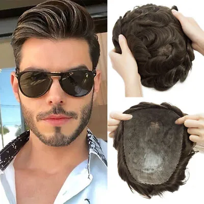 Mens Real Hair Replacement System Thin PU Skin Toupee Hairpiece Human Hair Wig K • £138.94