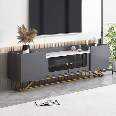 Modern TV Stand Fluted Glass Entertainment Center Faux Marble Console Table Grey • $254.93