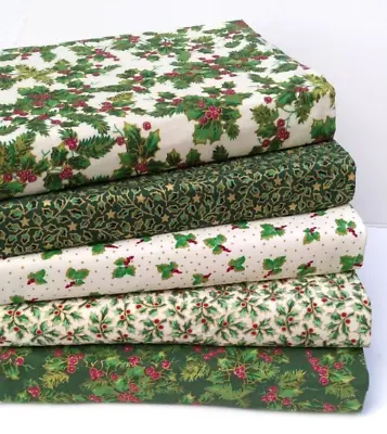 Christmas Holly Fabric Remnants 5 Pce Bundle 100% Cotton Green Cream  • £3.99