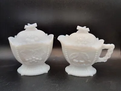 Westmoreland Milk Glass Cream And Sugar Grape Pattern Set With Lids Vintage • $25