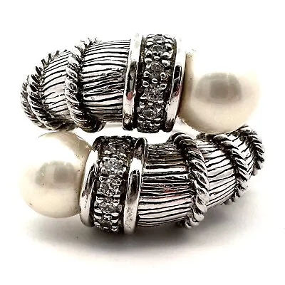 Judith Ripka Sterling Silver Pearl/Diamonique Bypass Ring-Size 9/10-13.6g-A2562 • $94.99