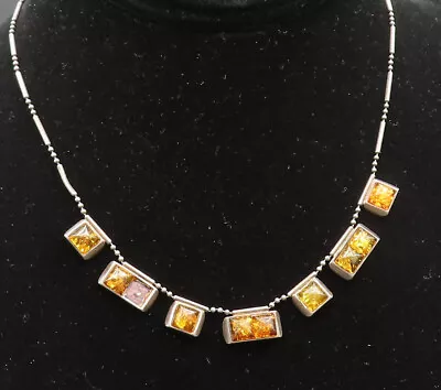 925 Silver - Vintage Multi Square Baltic Amber Bar & Bead Necklace - NE3898 • $65.50