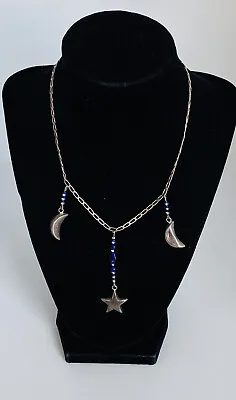 Vintage Sterling Silver Crescent Moon Star Lariat Pendant Blue Bead Necklace • $49.99