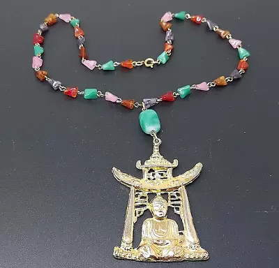 Vtg CZECH Bohemian Asian Buddha Pendant Multicolor Glass Goldtone Necklace 19  • $125