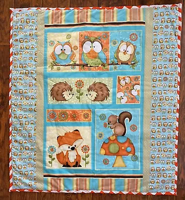 FOREST ANIMALS OWLS FOX SQUIREL COMFORTER BLANKET CRIB NURSERY LAP 39 X43  QUILT • $50