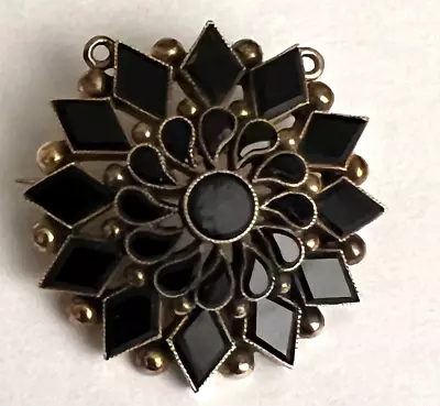 Vintage Black Onyx MOURNING BROOCH PIN PENDANT Set In Gold • $129