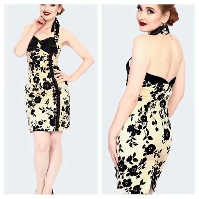 Voodoo Vixen NWT Kiki Beige & Black Floral Halter Fitted Dress Size Medium • $50