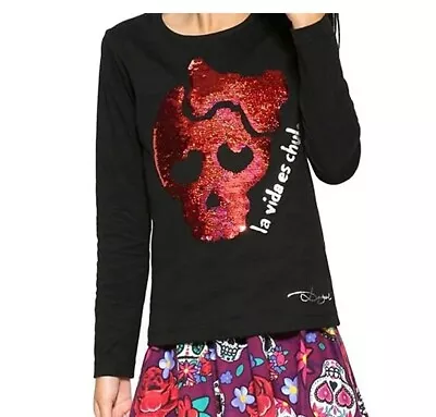 Desigual NWT Size 11 Girls Atlanta Reversible Sequin Crossbone L/S - Black • $26.95