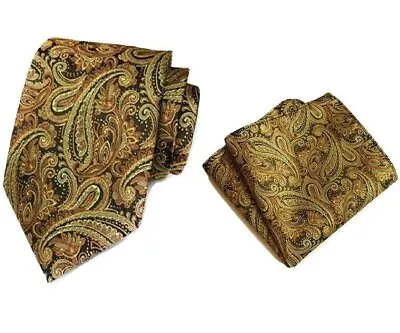 Men's Yellow Golden Woven Paisley Jacquard Tie And Pocket Square Set • £7.99