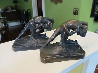 Vintage French Art Deco Nude Dramatic Woman Bookends Pair (2) 4 5/8  X 6 1/2  NR • $199.99