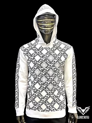 New Men White Slim Fit Hoodie Sweatshirt Black Greek Diamond Stripes Rhinestones • $39.99