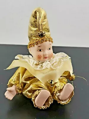 Vintage Small Porcelain Harlequin Jester Doll Gold Lame Fabric Outfit 6  • $24.98