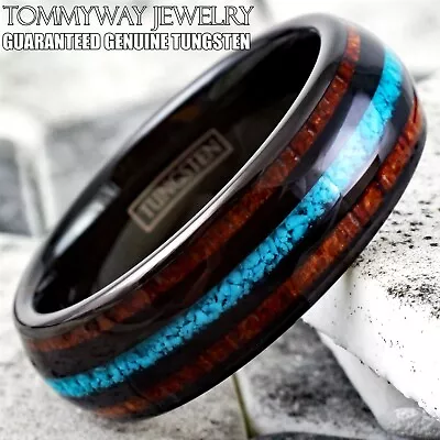 8mm Black Tungsten Koa Wood W/ Crushed Turquoise Stripe Men's Wedding Band Ring • $22.99