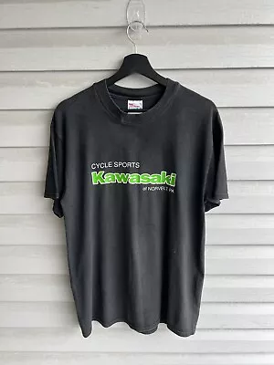 Vintage 90s Kawasaki Sport Shirt Motorcycle Racing Black Lime Green Graphic Tee • $60