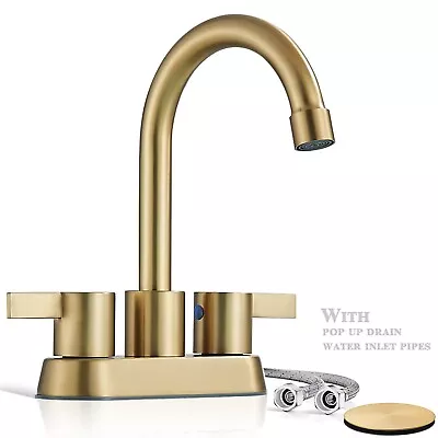 Brushed Gold Bathroom Sink Faucet 3Hole 4in Centerset Vanity Mixer With Drain • $22.39