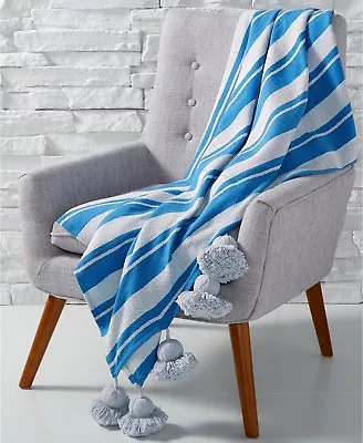 Martha Stewart Whim Striped Cotton Tassel 50  X 60  Throw Blanket BLUE I1267 • $14.50