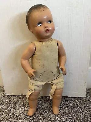 Antique Sleepy Blue Eyes Composition Baby 16  Doll Cry Box Brown Molded Hair • $45.95