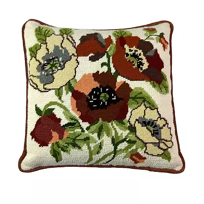 Vtg Throw Pillow Petit Point Cross Stitch Needlepoint Floral Square 13in X 13in • $58.87