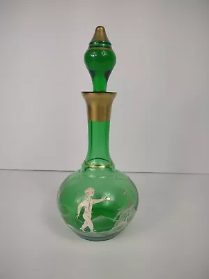 Vintage Mary Gregory Green Glass Decanter Stopper Boy Chasing Bird Hand Painted • $59.80