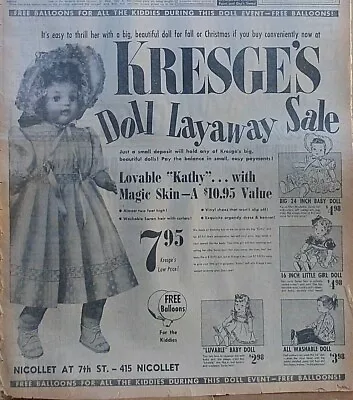 Large 1953 Newspaper Ad For Kresge Doll Sale - Kathy With Magic Skin And More • $4.95