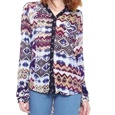 Desigual Lace Back Detail Shirt Size XL Blue Boho Print Long Sleeve Button Up • $59.95
