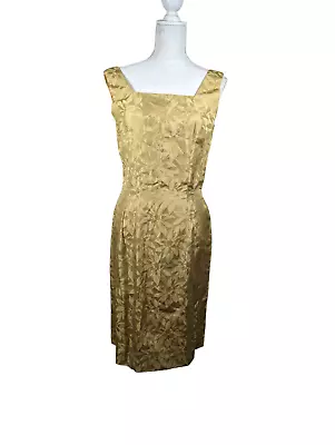 Vintage 50s Hand Sewn Gold Floral Pattern Wiggle/Pencil Dress • $108