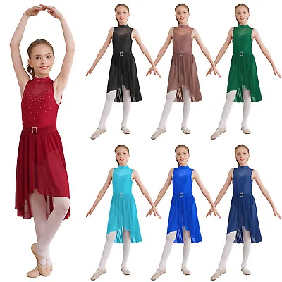 UK Kids Girls Rhinestone Ballet Dance Leotard Dress Lyrical Latin Modern Costume • £16.24