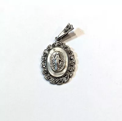 Vintage Sterling Silver MOP Marcasite Catholic Miraculous Medal Pendant • $18.99
