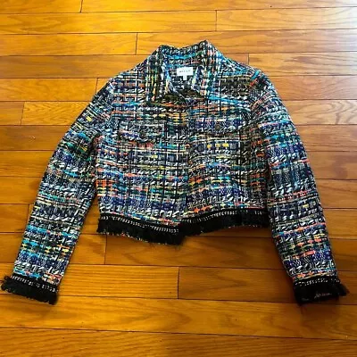 Milly Jacket Womens Medium Multicolor Tweed Cropped Stretch Fringe Hem $650 • $295.95