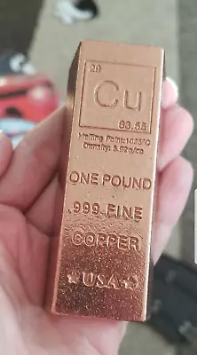 Pure Copper .999 Bullion - One Pound Bar ~450 Gr - Periodic Table Element Design • $44.90