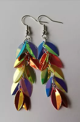 Long Drop / Dangle Rainbow Sequin Earrings - Silver Plated • £4.79