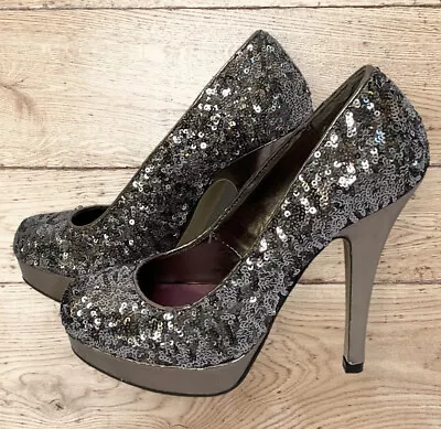 Madden Girl Silver Sequin Stiletto Heels Silver Size 7 Sexy Dancer High Glam • $24.99