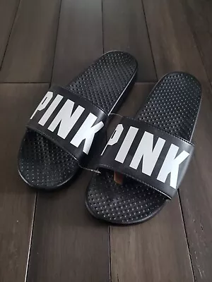 Victorias Secret Pink Logo Black  Slides Sandals Beach Shower Shoes L Nwt • $24.99