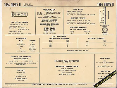 1964 CHEVROLET CHEVY II 4 Cylinder L4 153 Ci Motor Car SUN ELECTRONIC SPEC SHEET • $5.56