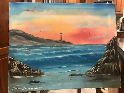 Vtg Oil Painting 16 X20  Canvas Lighthouse Water Pink Blue Sgn Karen Brandenburg • $55