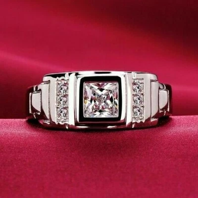 $362.92 • Buy Men's Engagement Ring 1.50Ct Princess Simulated Diamond In 925 Sterling Silver
