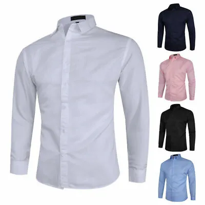 Mens Solid Modern Slim Fit Smart Shirts Long Sleeve Casual Formal Work Shirts • £10.99