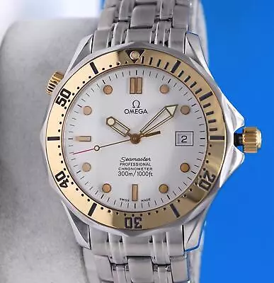 Mens Omega Seamaster 300M 18K Gold Automatic Chronometer Watch - White - 2432.20 • $3145