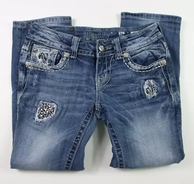 Miss Me Jeans 26 Blue Acid Wash Cuffed Capris JE8003P Distressed Jewels  • $29.99